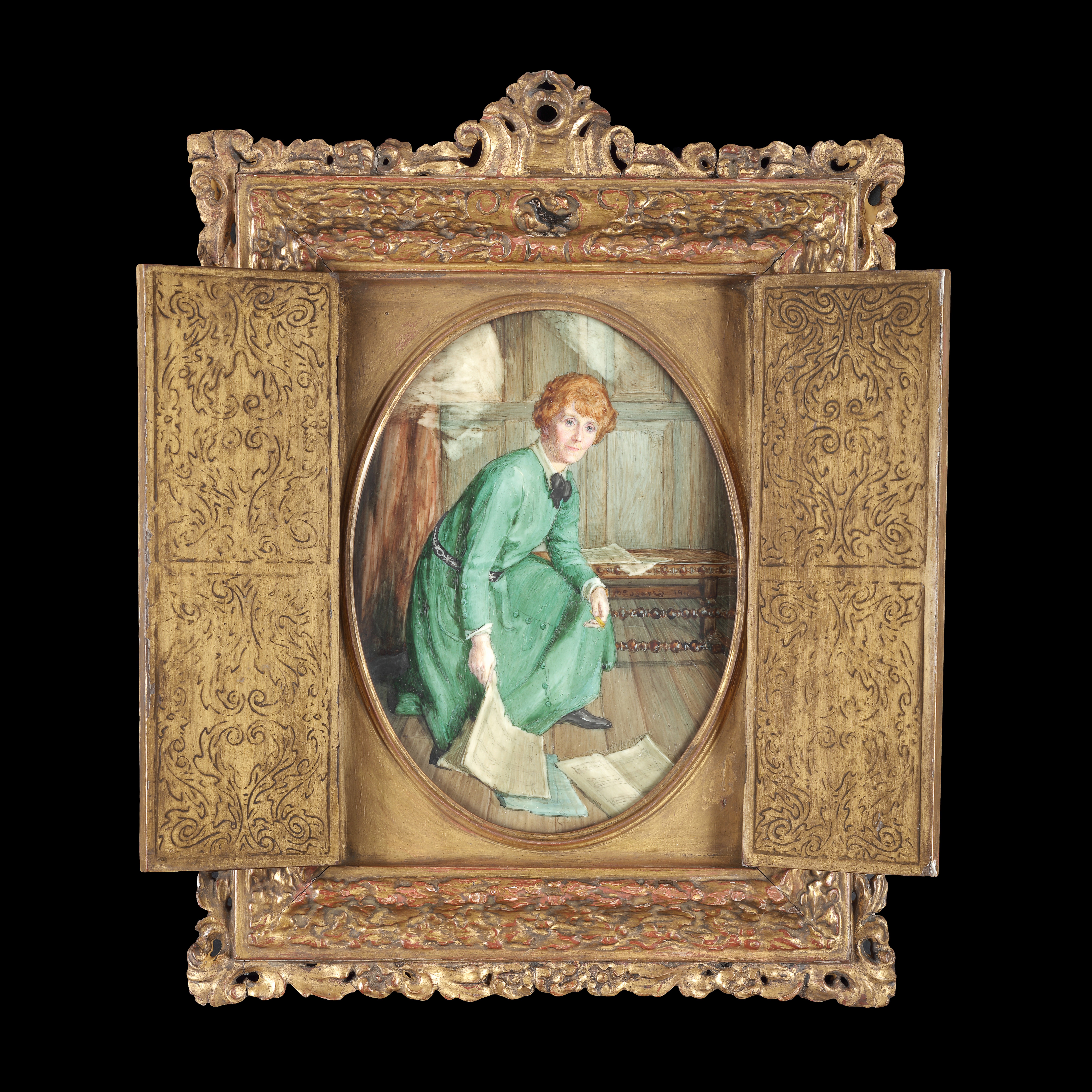 Portrait miniature of Lady Mary Cook (née Nelson; 1871-1943) wearing green dress, collecting papers from her floor